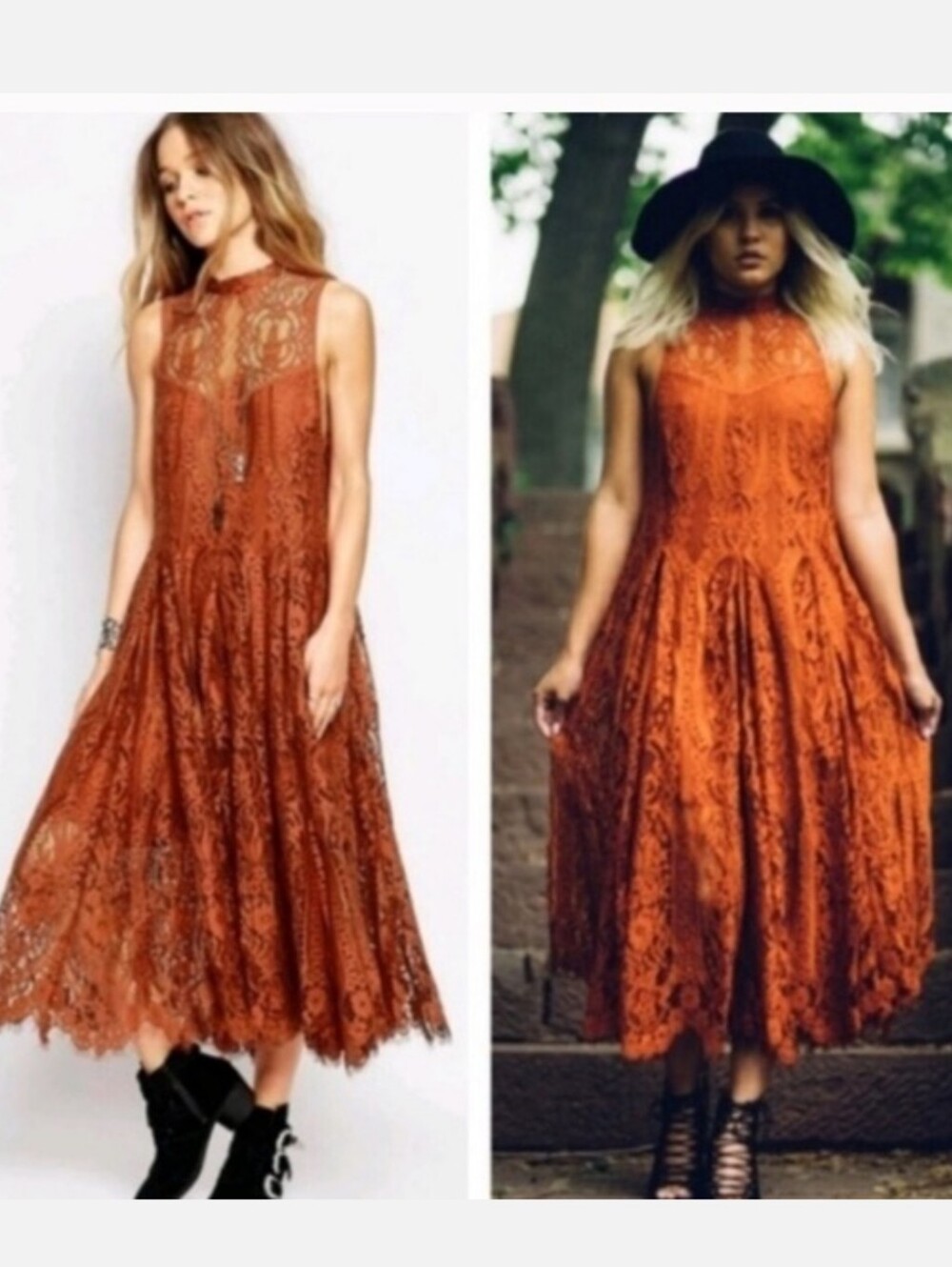 Free People Angel Rays Boho High-Neck Lace Sleeveless Midi Dress in Rust
